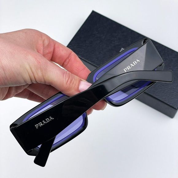 Prada PR06YS 02Z01O Sunglasses Black Blue Rectangle Unisex - Picture 3 of 14